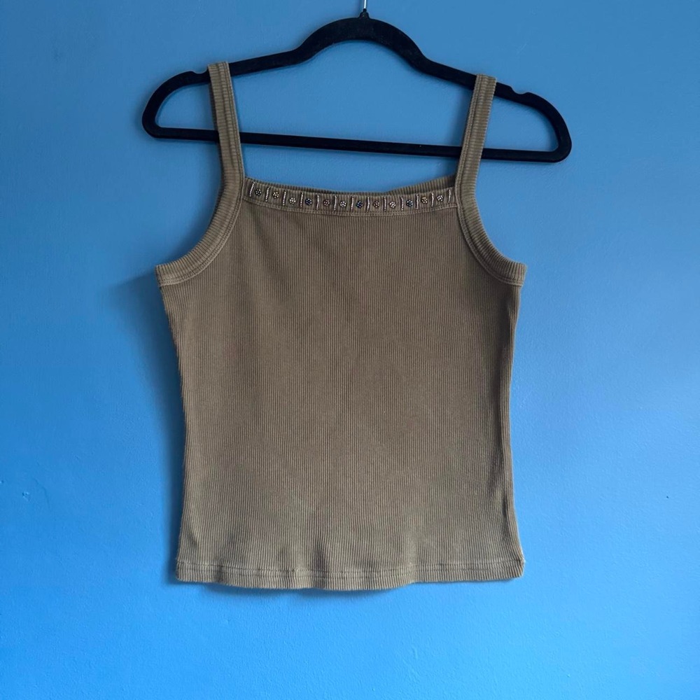 Vintage 90s Beaded Tank Top Women's Size Small White Stag Square Neck Ribbed